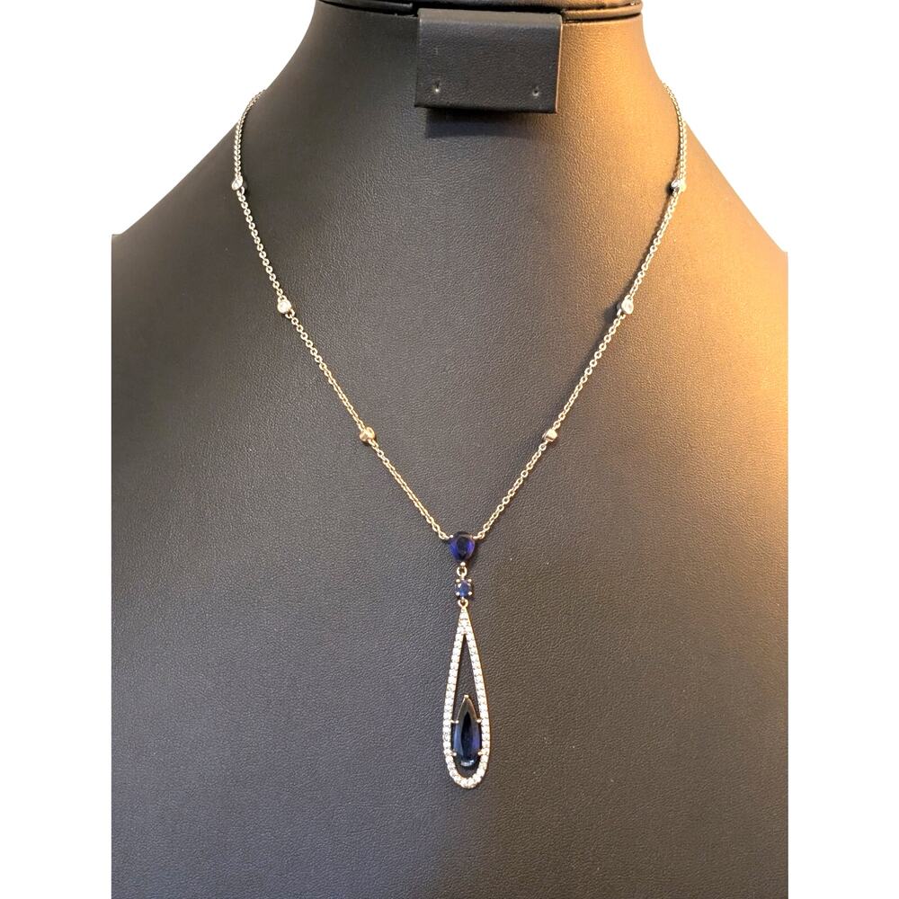 Carolee Faux Sapphire Silver Tone Linear Teardrop 19" Necklace